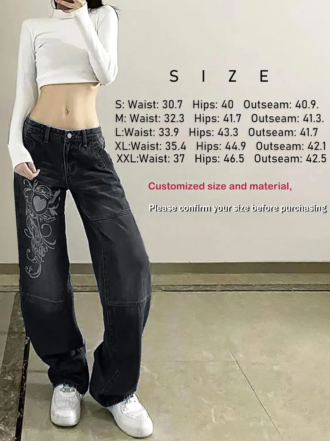 Xineicy Women's Low Rise Heart Pattern Baggy Jeans Washed Wide Leg Denim Cargo Pants