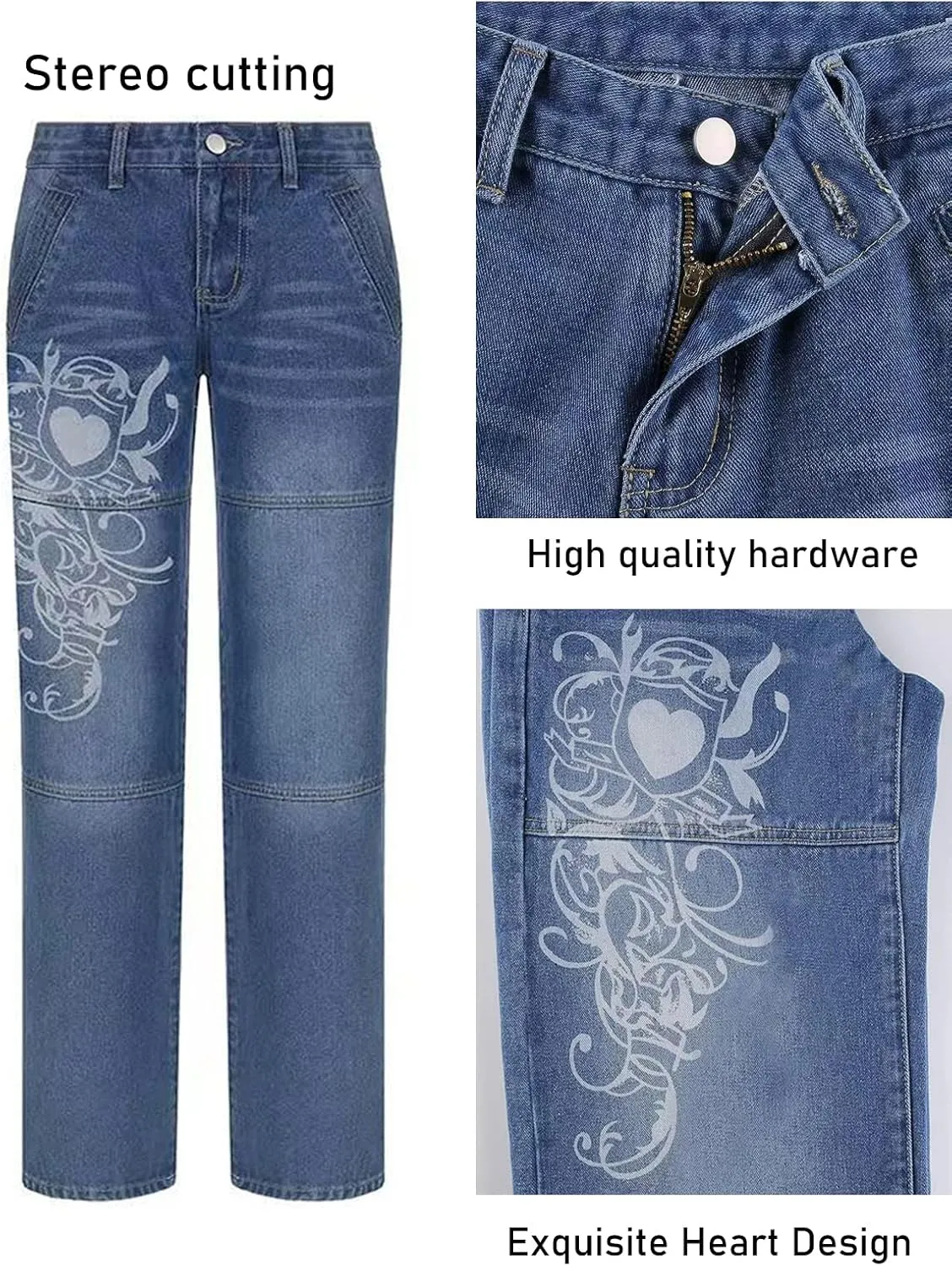 Xineicy Women's Low Rise Heart Pattern Baggy Jeans Washed Wide Leg Denim Cargo Pants
