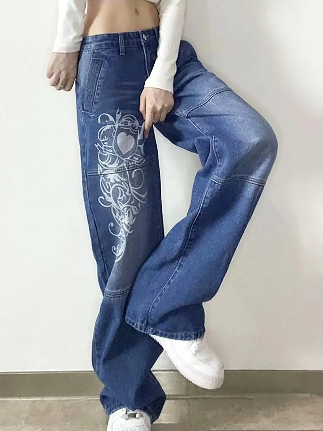Xineicy Women's Low Rise Heart Pattern Baggy Jeans Washed Wide Leg Denim Cargo Pants