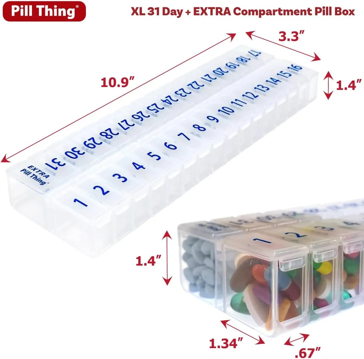 XL Once-a Day Monthly Pill Organizer Removable Lid for Easy Filling, Extra Large Compartments for 31 Days Plus Compartment for Extra Pills, BPA Free (Clear, XL - 1 Count (Pack of 1))