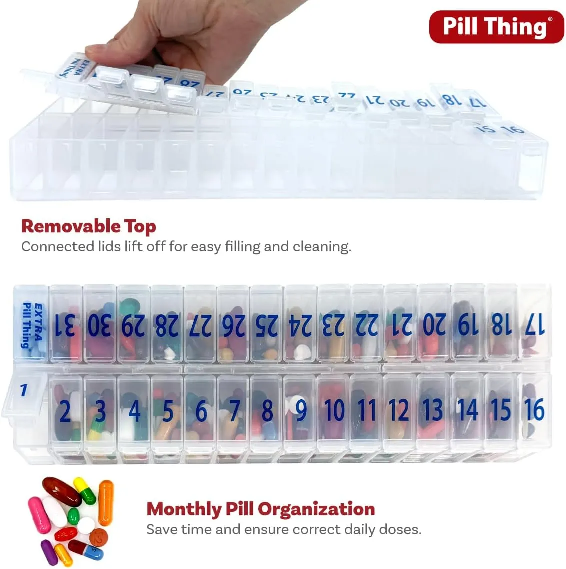 XL Once-a Day Monthly Pill Organizer Removable Lid for Easy Filling, Extra Large Compartments for 31 Days Plus Compartment for Extra Pills, BPA Free (Clear, XL - 1 Count (Pack of 1))