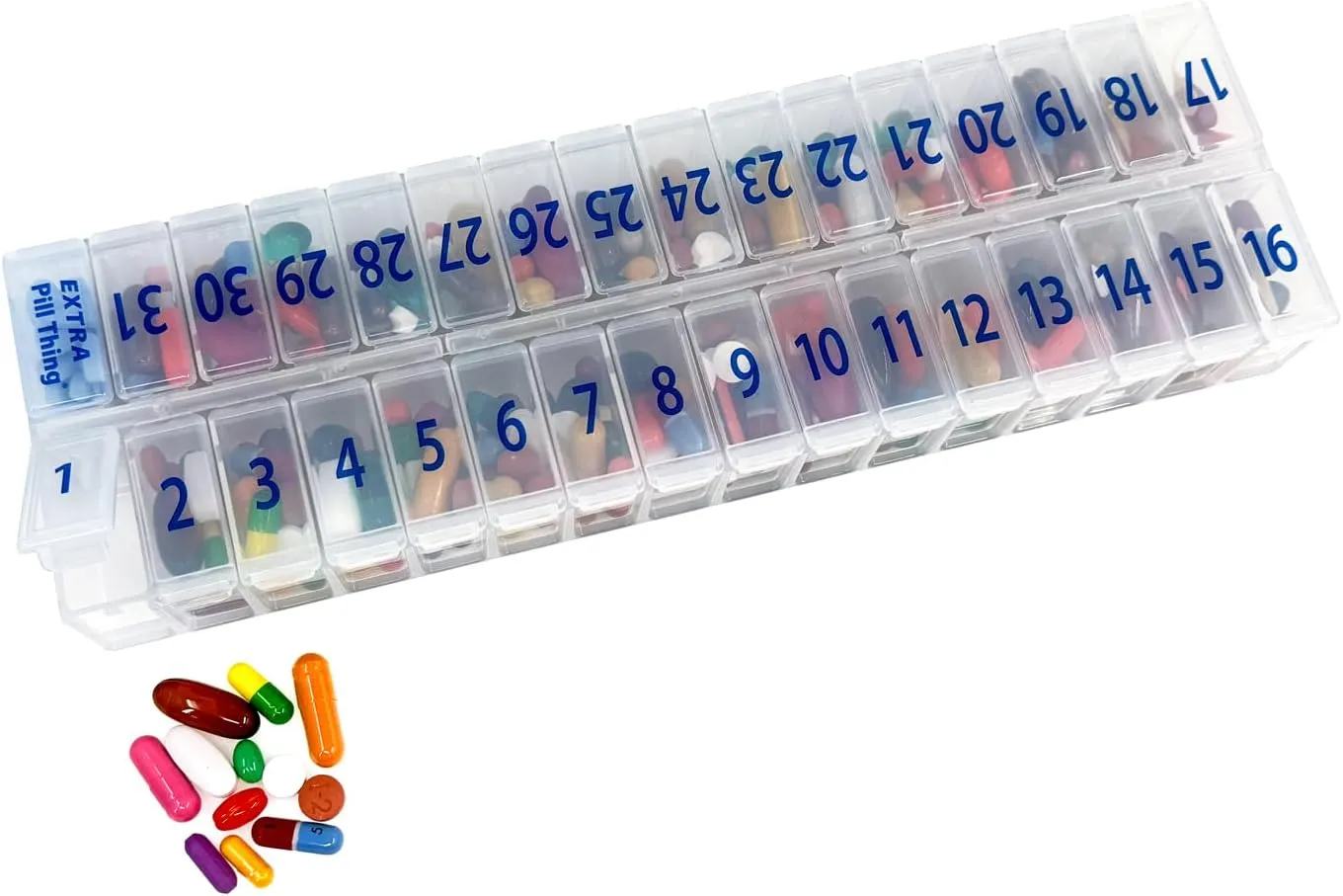 XL Once-a Day Monthly Pill Organizer Removable Lid for Easy Filling, Extra Large Compartments for 31 Days Plus Compartment for Extra Pills, BPA Free (Clear, XL - 1 Count (Pack of 1))