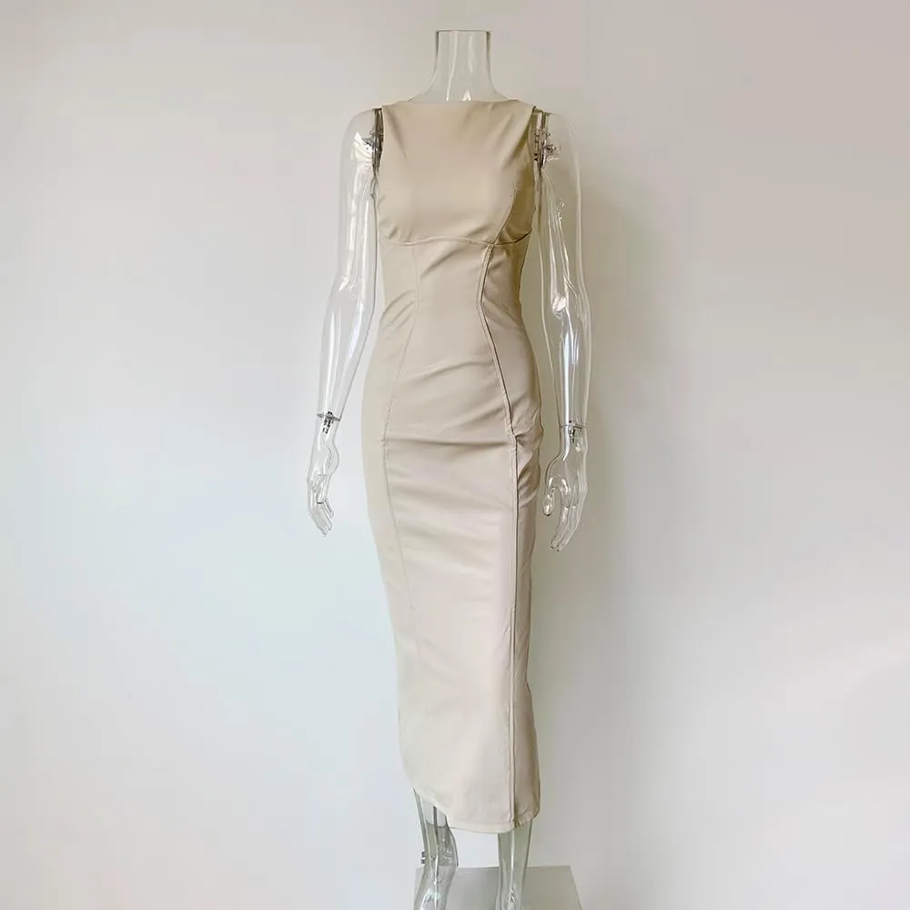 XLLAIS Women's Faux PU Leather Bodycon Maxi Dress Sexy Boatneck Tank Long Dresses