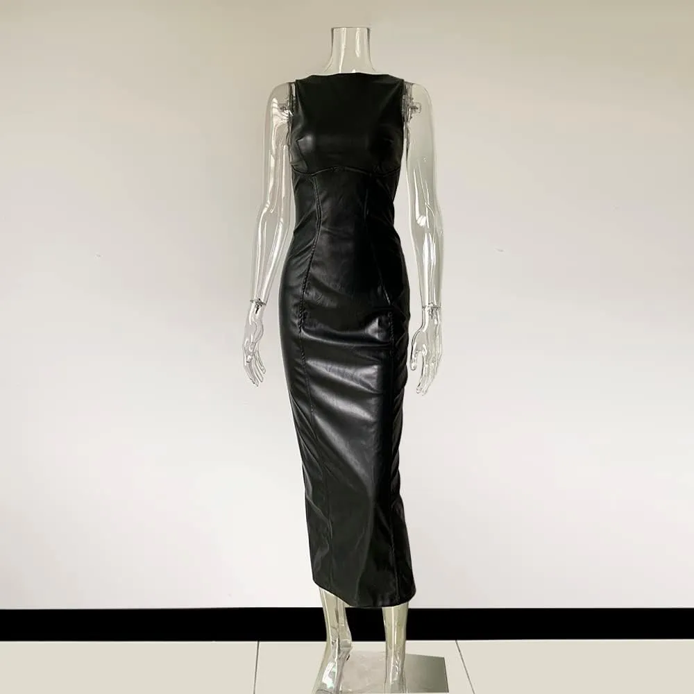 XLLAIS Women's Faux PU Leather Bodycon Maxi Dress Sexy Boatneck Tank Long Dresses
