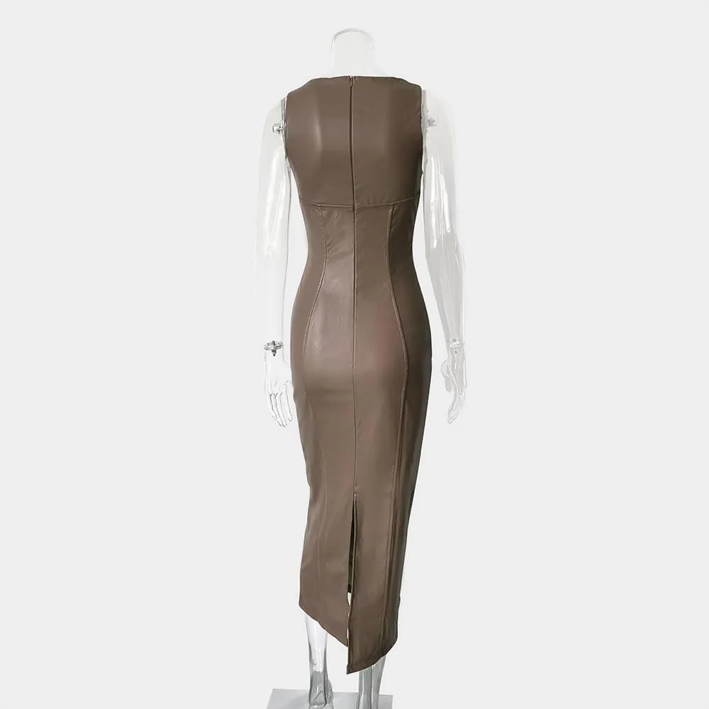 XLLAIS Women's Faux PU Leather Bodycon Maxi Dress Sexy Boatneck Tank Long Dresses