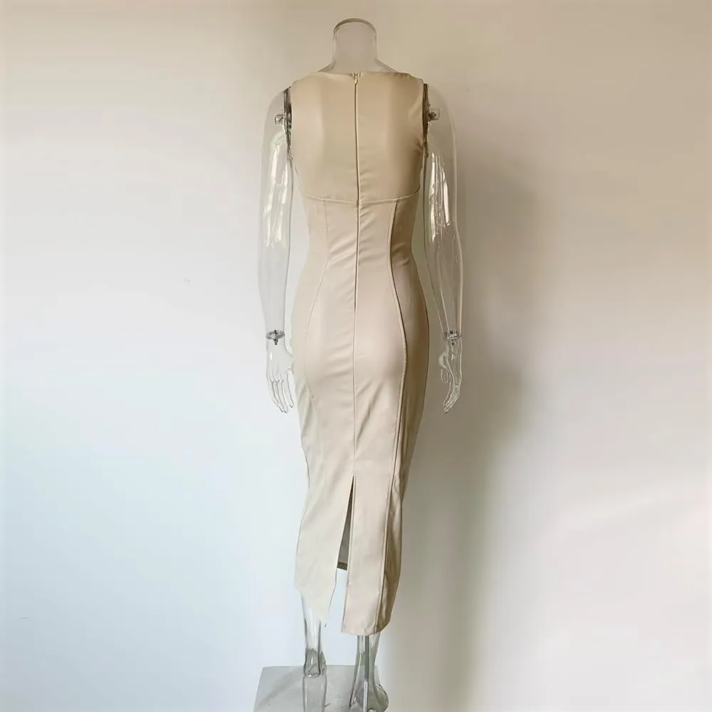 XLLAIS Women's Faux PU Leather Bodycon Maxi Dress Sexy Boatneck Tank Long Dresses