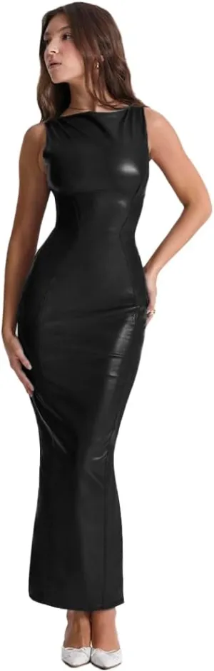 XLLAIS Women's Faux PU Leather Bodycon Maxi Dress Sexy Boatneck Tank Long Dresses