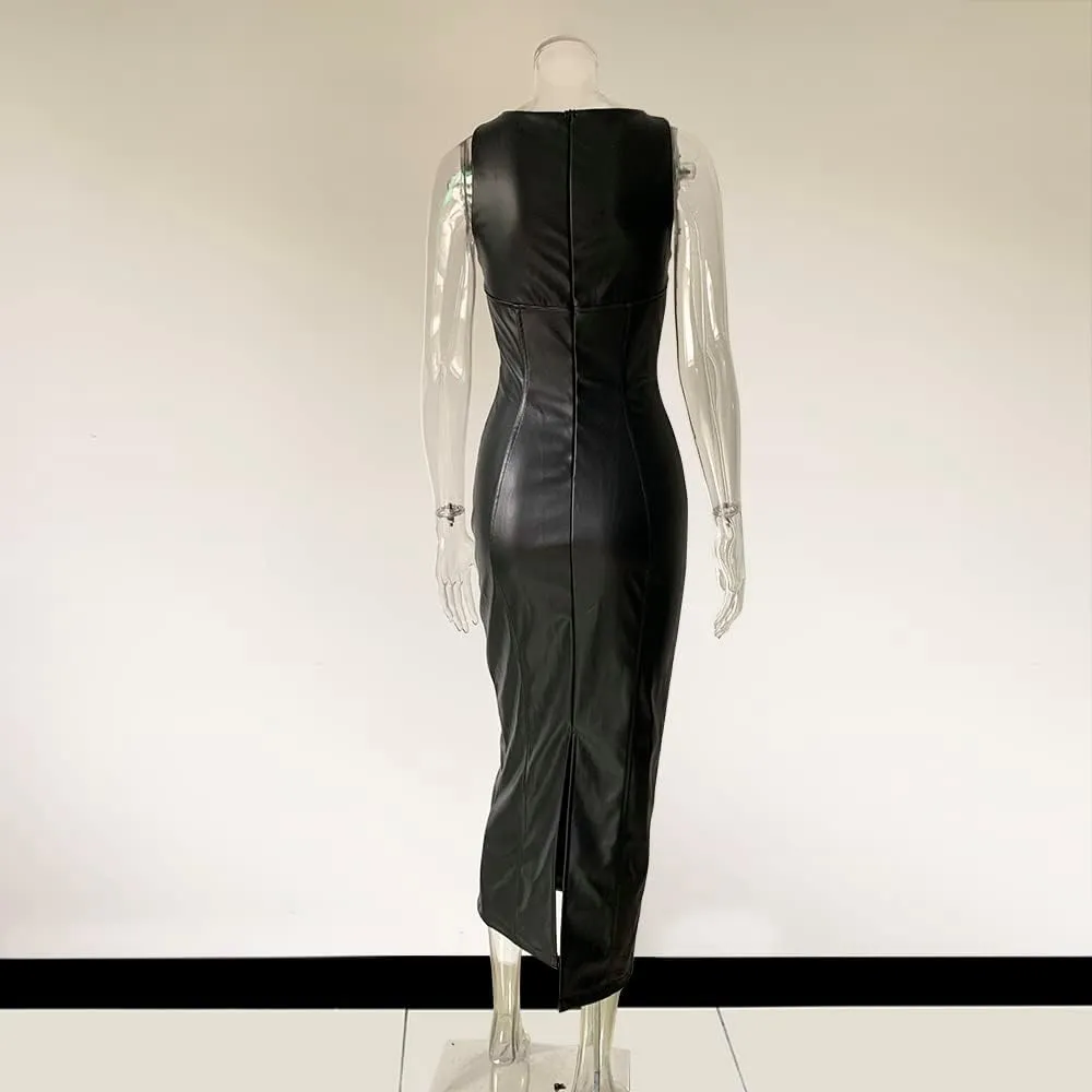 XLLAIS Women's Faux PU Leather Bodycon Maxi Dress Sexy Boatneck Tank Long Dresses