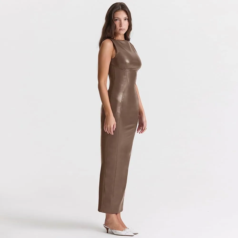 XLLAIS Women's Faux PU Leather Bodycon Maxi Dress Sexy Boatneck Tank Long Dresses