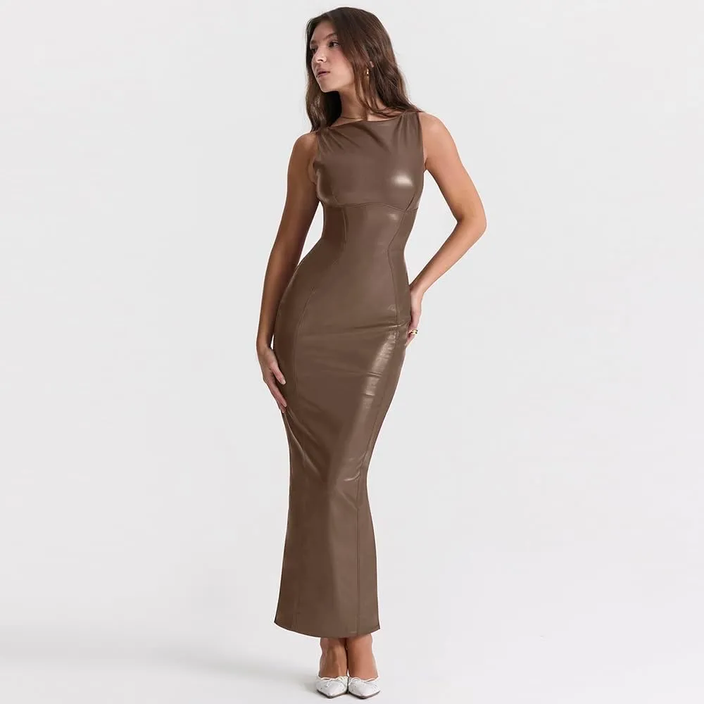 XLLAIS Women's Faux PU Leather Bodycon Maxi Dress Sexy Boatneck Tank Long Dresses