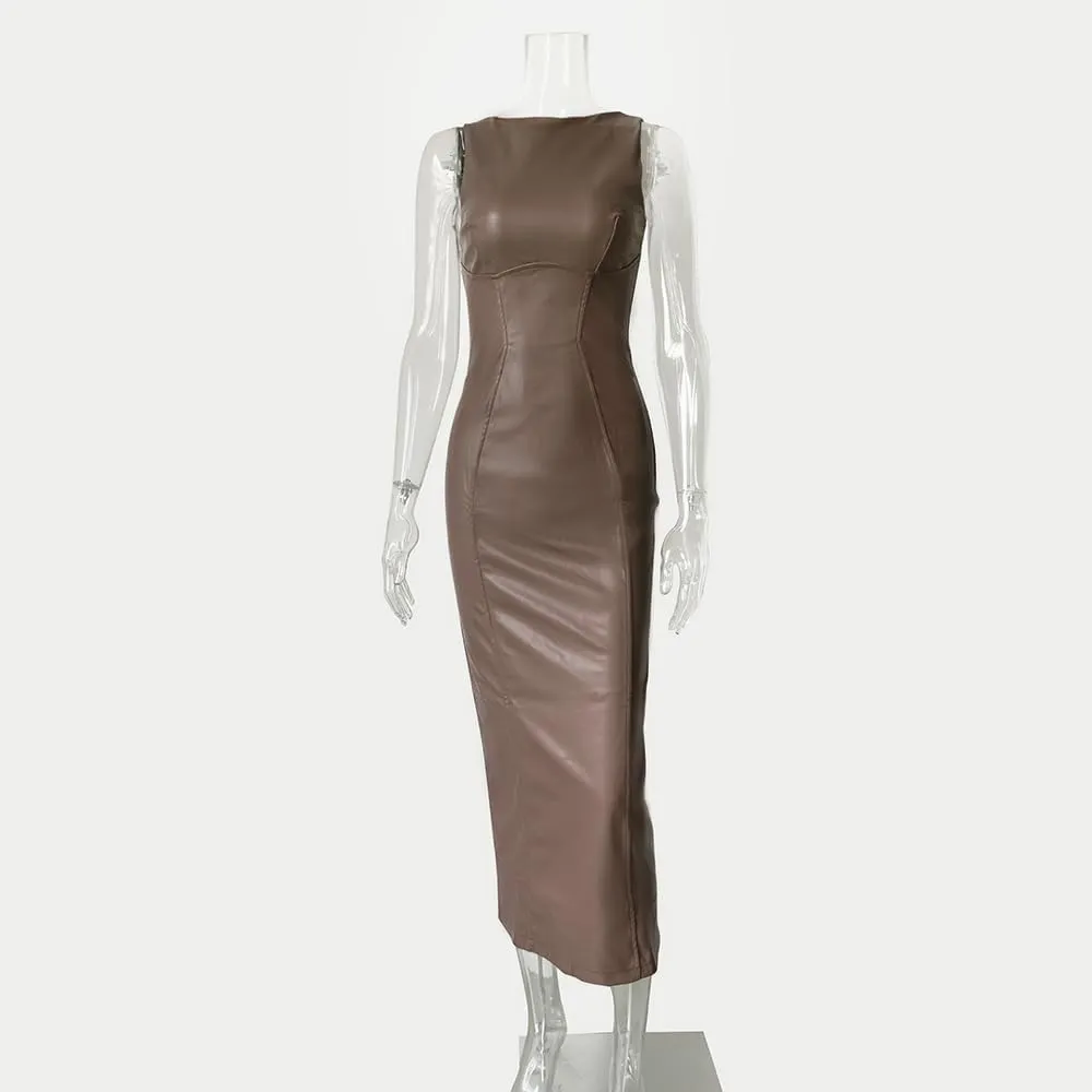 XLLAIS Women's Faux PU Leather Bodycon Maxi Dress Sexy Boatneck Tank Long Dresses