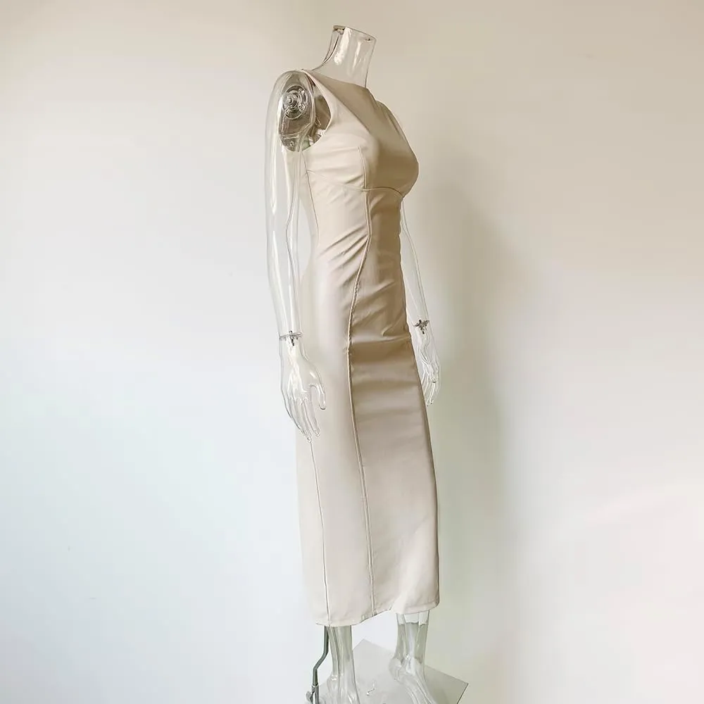 XLLAIS Women's Faux PU Leather Bodycon Maxi Dress Sexy Boatneck Tank Long Dresses