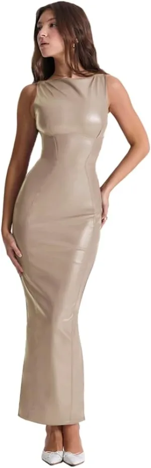 XLLAIS Women's Faux PU Leather Bodycon Maxi Dress Sexy Boatneck Tank Long Dresses