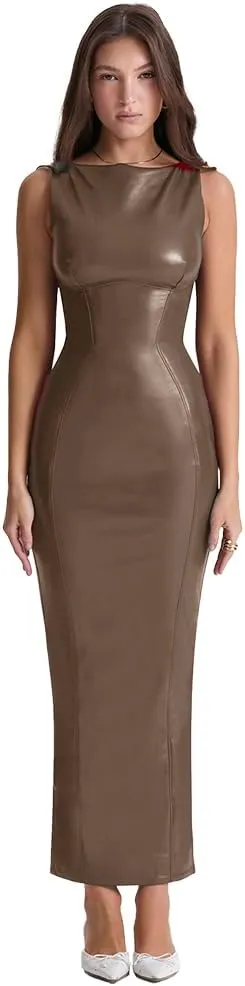 XLLAIS Women's Faux PU Leather Bodycon Maxi Dress Sexy Boatneck Tank Long Dresses