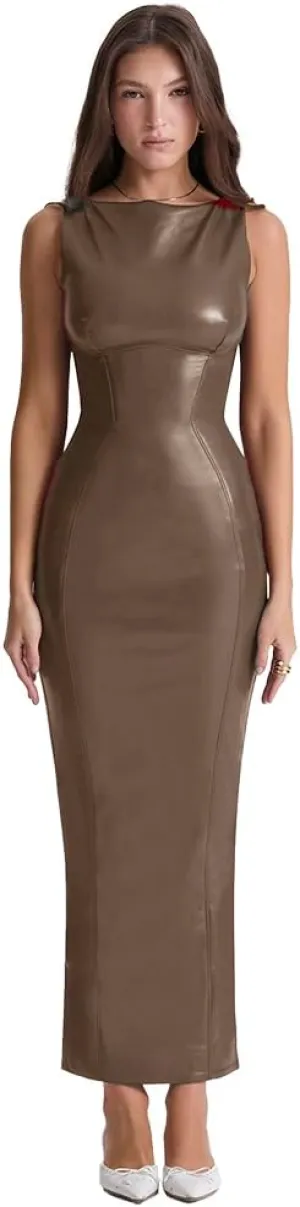 XLLAIS Women's Faux PU Leather Bodycon Maxi Dress Sexy Boatneck Tank Long Dresses