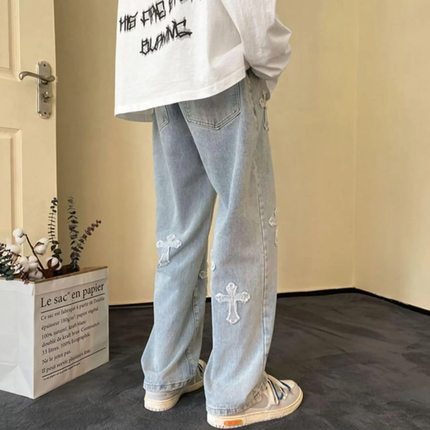 Y2K Men's Cross Jeans Lovers Hip-hop Street Fashion Retro Design Casual Loose Straight Jeans