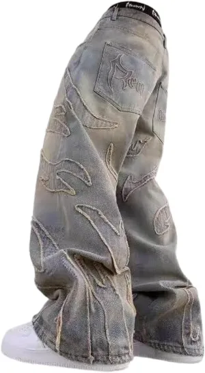 Y2K Men's Street Retro Hip-hop Flame Splicing Wide Leg Gothic Loose Jeans