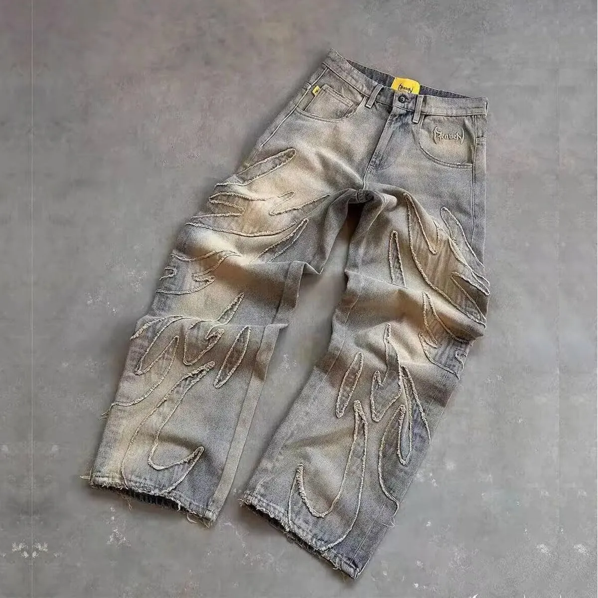 Y2K Men's Street Retro Hip-hop Flame Splicing Wide Leg Gothic Loose Jeans