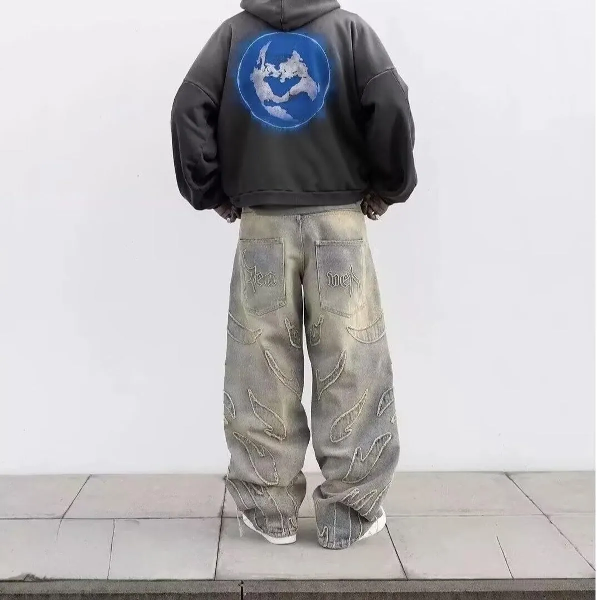 Y2K Men's Street Retro Hip-hop Flame Splicing Wide Leg Gothic Loose Jeans