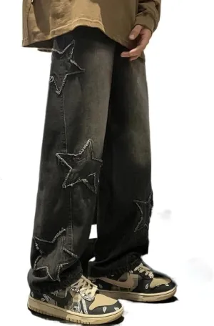 Y2K Vintage Men Korean Blue Streetwear Oversize Star Aesthetic Straight Trousers Wide Leg Jeans Grunge Denim Pants