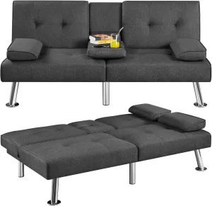 Yaheetech Convertible Sofa Bed Adjustable Fabric Couch Sleeper Modern Recliner Reversible Loveseat Folding Daybed Guest Bed, Removable Armrests, Cup Holders, 3 Angles, 772lb Capacity, Dark Gray