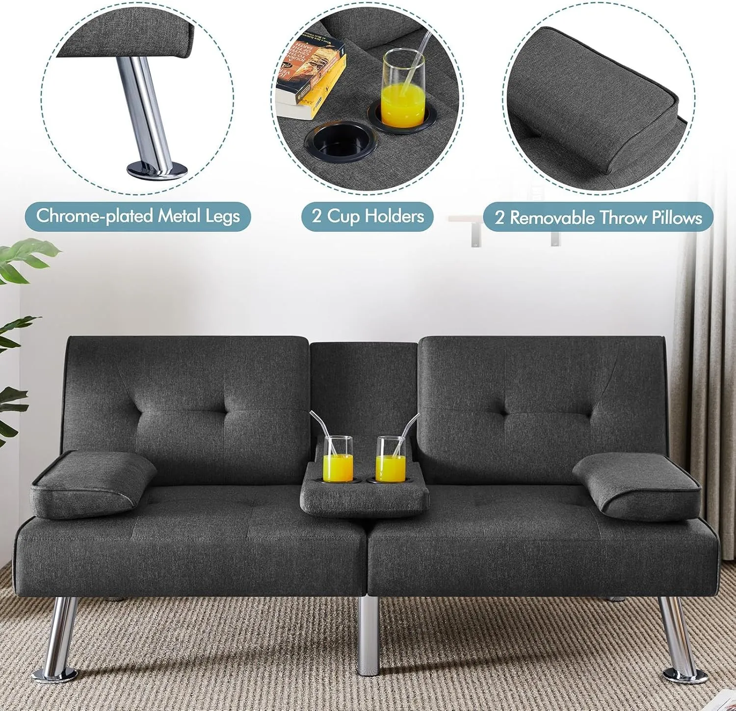 Yaheetech Convertible Sofa Bed Adjustable Fabric Couch Sleeper Modern Recliner Reversible Loveseat Folding Daybed Guest Bed, Removable Armrests, Cup Holders, 3 Angles, 772lb Capacity, Dark Gray