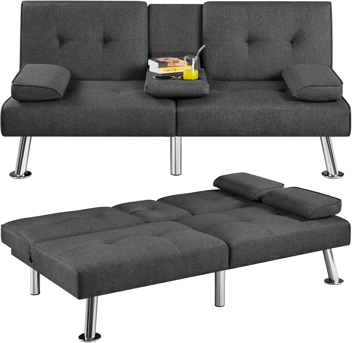 Yaheetech Convertible Sofa Bed Adjustable Fabric Couch Sleeper Modern Recliner Reversible Loveseat Folding Daybed Guest Bed, Removable Armrests, Cup Holders, 3 Angles, 772lb Capacity, Dark Gray