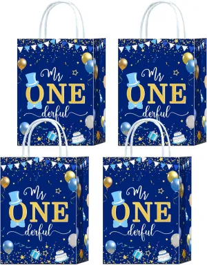 YanZonic 16Pcs Mr Onederful Birthday Decorations Gift Bags - Mr Wonderful 1st Birthday Decorations - Essential 1st Birthday Decorations Boy Goodie Mr Onederful Goodie Bags, Bule