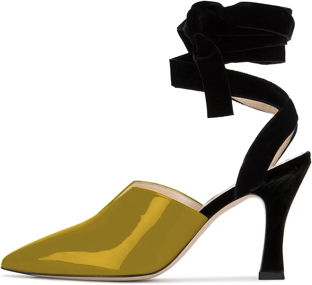 YDN Women Lace UP Mid Heels Sandals Pointed Toe D'Orsay Pumps Slingback Party Dress Shoes