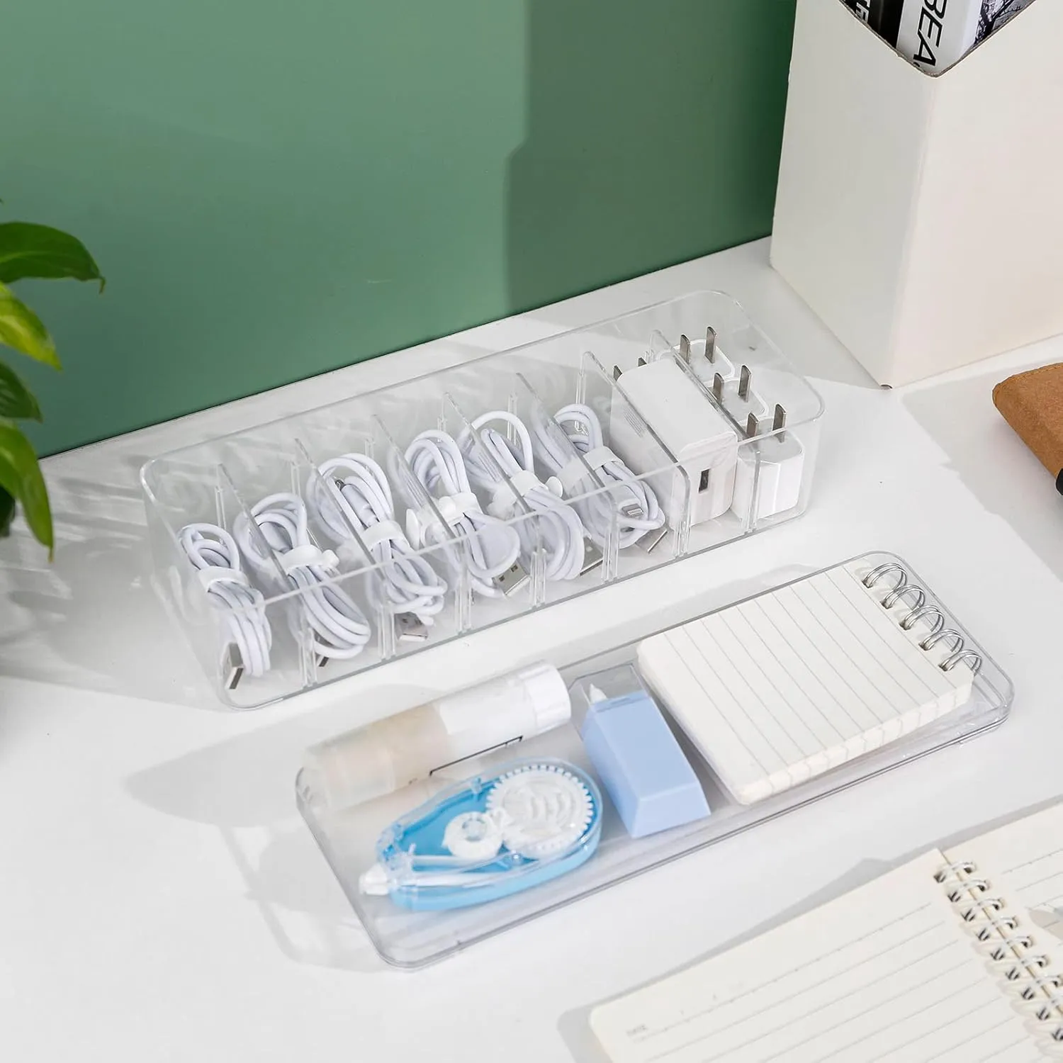 Yesesion 2pcs Clear Plastic Cable Organizer Boxes with Adjustment Compartments, Desk Accessories Storage Case with Lid and 20 Wire Ties for Drawer, Office Supply, Electronic Management