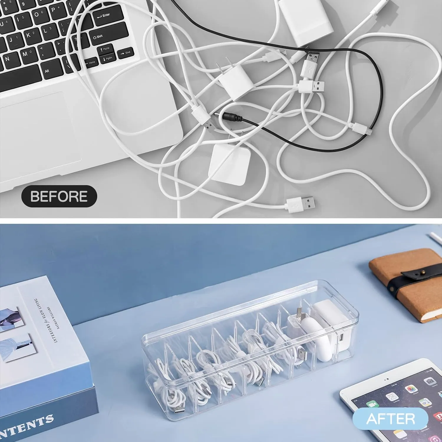 Yesesion 2pcs Clear Plastic Cable Organizer Boxes with Adjustment Compartments, Desk Accessories Storage Case with Lid and 20 Wire Ties for Drawer, Office Supply, Electronic Management