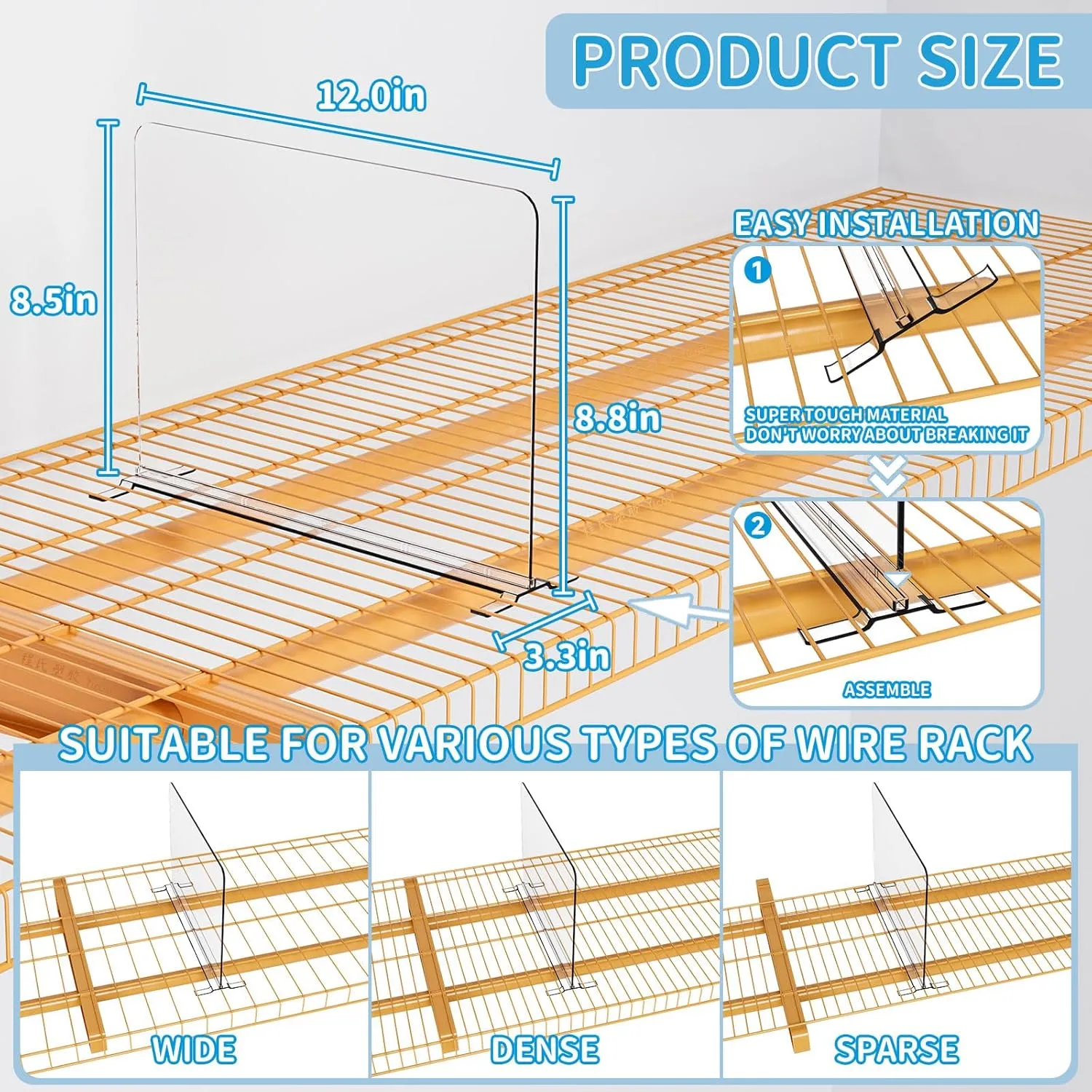 Yieach 8 Pack Clear Shelf Dividers For Wire Shelves-No Tool-Acrylic Closet Shelf Organizers and Storage,8.5" Tall Top Shelf & Closet Separators for Shirt,Handbag,Purse,Sweatshirt Wire Closet Organizer