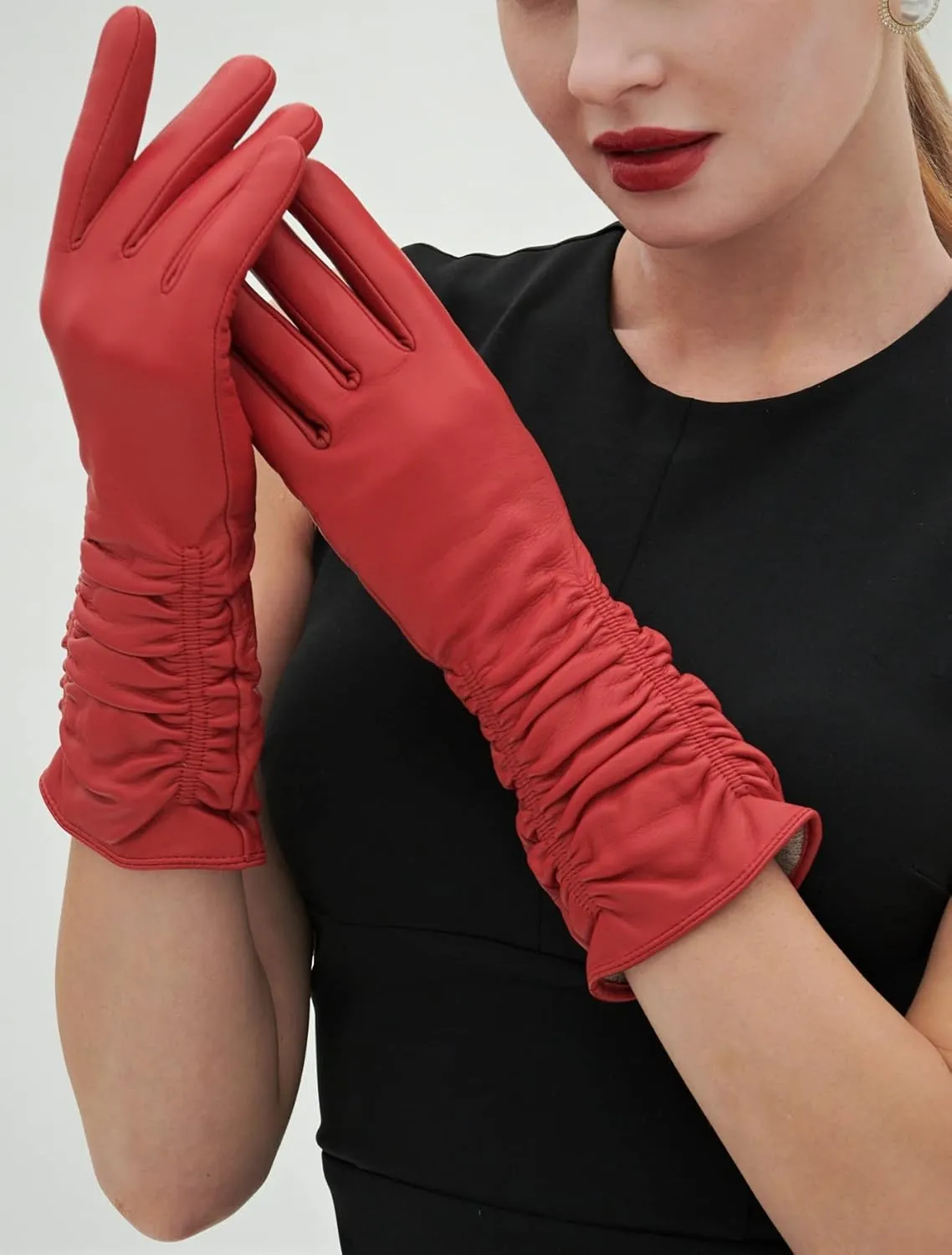 YISEVEN Women’s Mid Length Long Leather Gloves Touchscreen with Wrinkled Design