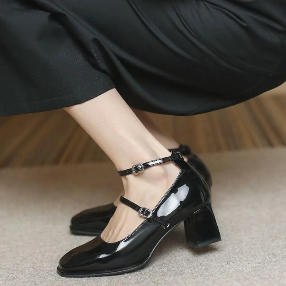 YIYA Women's Mary Jane Heels Square Toe Chunky Block Heel Ankle Buckle Strap Patent Leather Work Dress Pumps Shoes