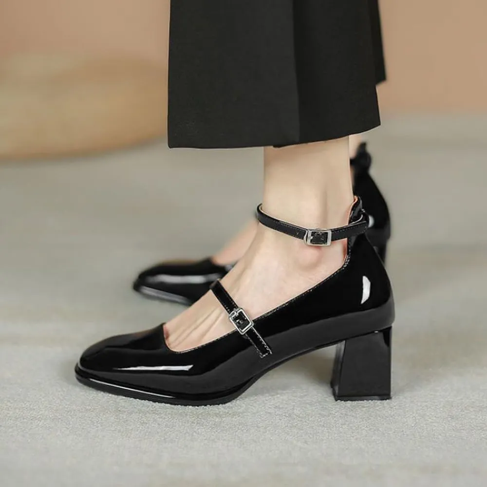 YIYA Women's Mary Jane Heels Square Toe Chunky Block Heel Ankle Buckle Strap Patent Leather Work Dress Pumps Shoes