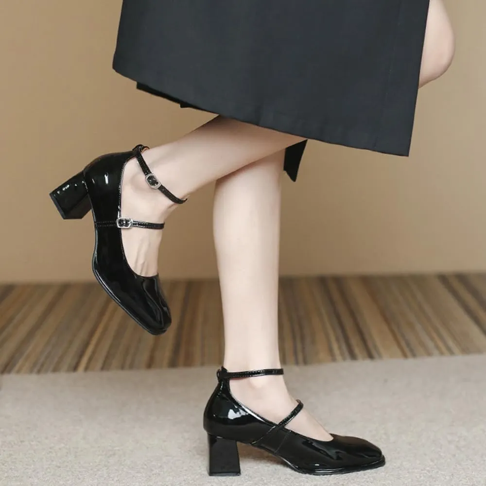 YIYA Women's Mary Jane Heels Square Toe Chunky Block Heel Ankle Buckle Strap Patent Leather Work Dress Pumps Shoes