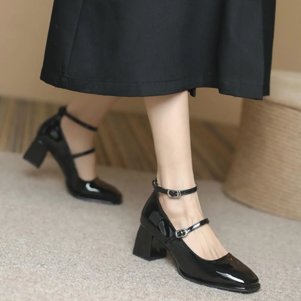 YIYA Women's Mary Jane Heels Square Toe Chunky Block Heel Ankle Buckle Strap Patent Leather Work Dress Pumps Shoes