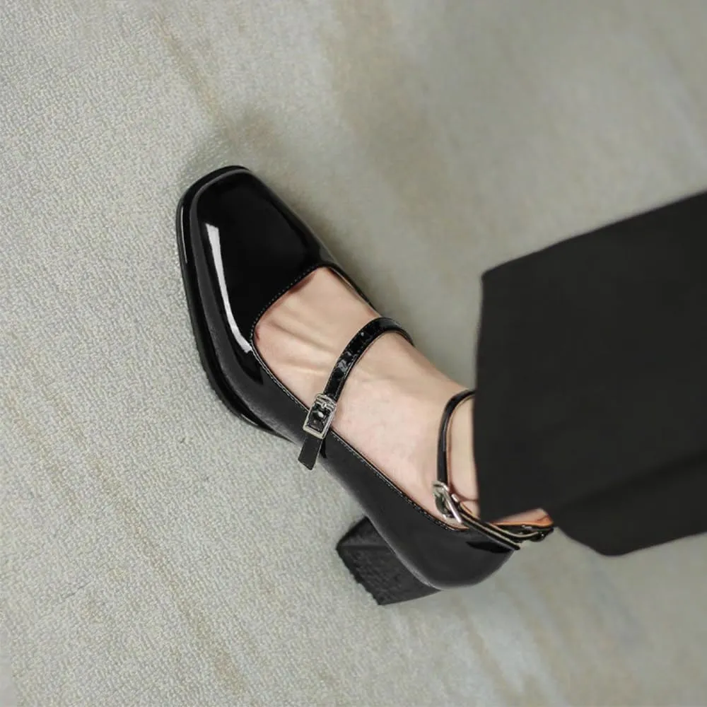 YIYA Women's Mary Jane Heels Square Toe Chunky Block Heel Ankle Buckle Strap Patent Leather Work Dress Pumps Shoes