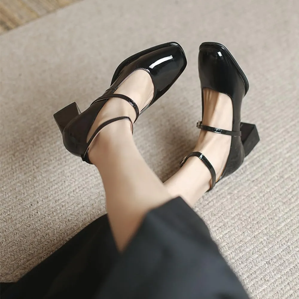 YIYA Women's Mary Jane Heels Square Toe Chunky Block Heel Ankle Buckle Strap Patent Leather Work Dress Pumps Shoes