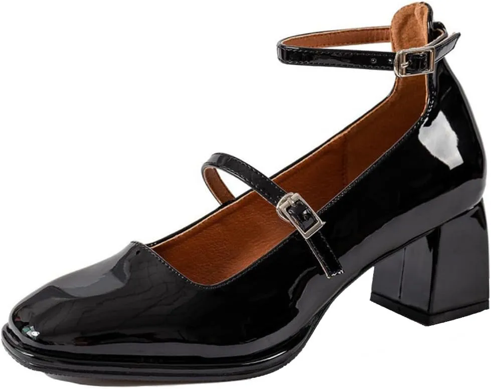 YIYA Women's Mary Jane Heels Square Toe Chunky Block Heel Ankle Buckle Strap Patent Leather Work Dress Pumps Shoes