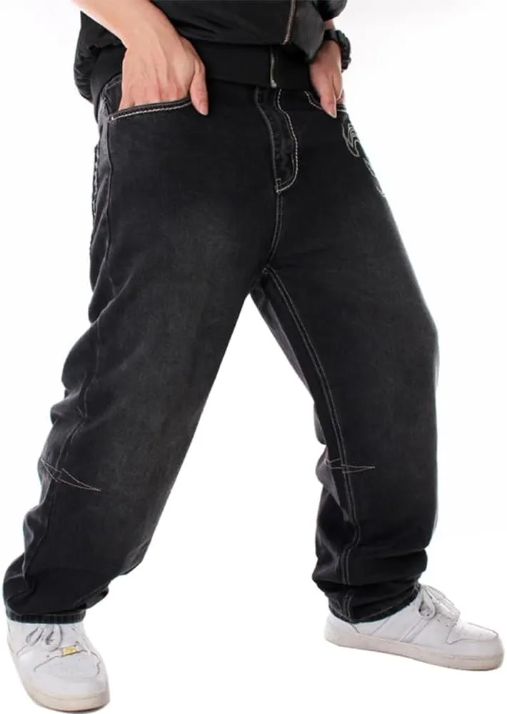 Ylingjun Mens Baggy Hip Hop Jeans Casual Loose Fit Embroidered Skateboard Denim Pants