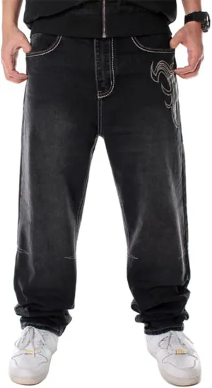Ylingjun Mens Baggy Hip Hop Jeans Casual Loose Fit Embroidered Skateboard Denim Pants