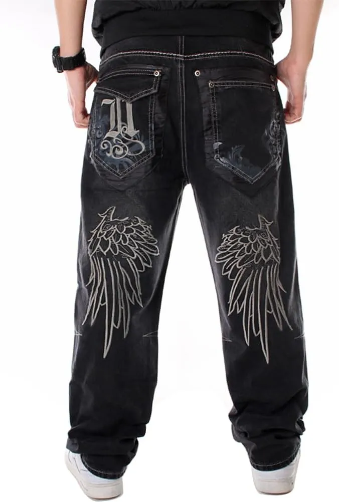 Ylingjun Mens Baggy Hip Hop Jeans Casual Loose Fit Embroidered Skateboard Denim Pants