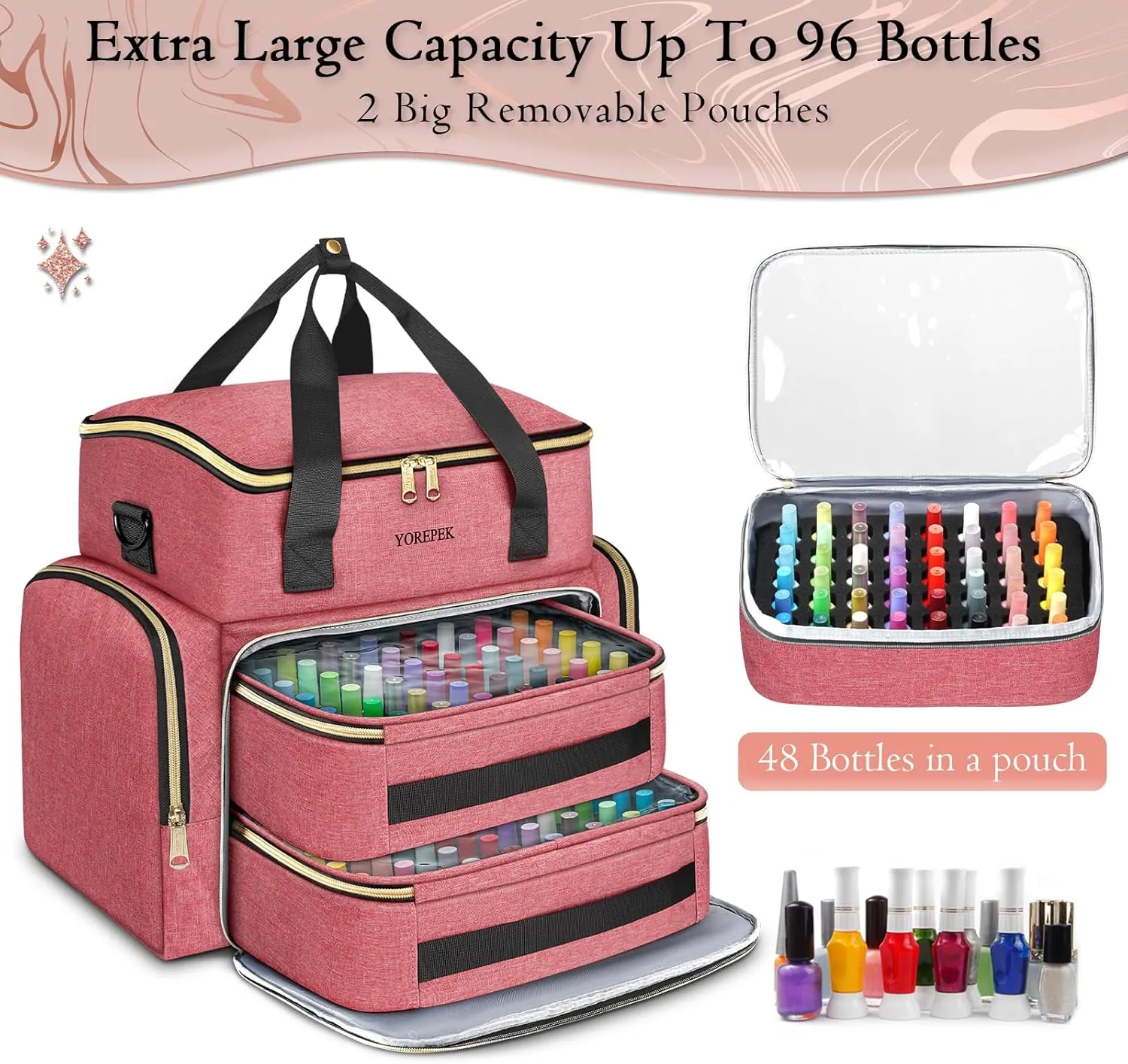 YOREPEK Nail Polish Organizer Case With Foam Inserts Protect Up 96 to 100  Bottles (15ml/0.5 fl.oz) UV lamp, Travel Nail Tech Carrying Case with Adjustable Space for Gel Dip Powder Tips Set, Pink