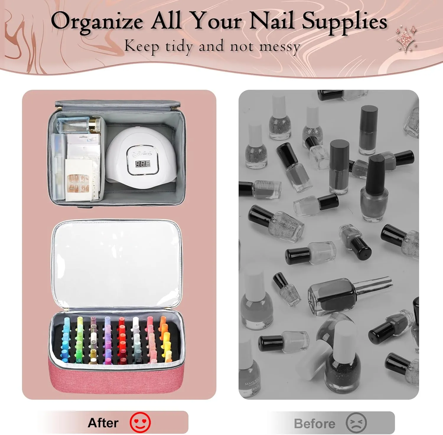YOREPEK Nail Polish Organizer Case With Foam Inserts Protect Up 96 to 100  Bottles (15ml/0.5 fl.oz) UV lamp, Travel Nail Tech Carrying Case with Adjustable Space for Gel Dip Powder Tips Set, Pink