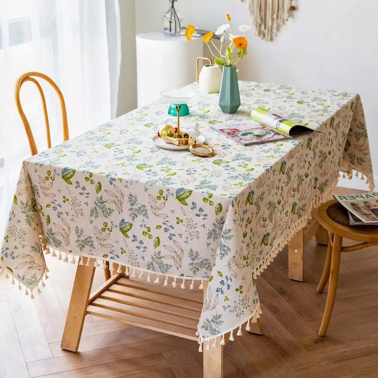 YUURAINVUVU Elegant Plant Floral Cotton Linen Fabric, Stitching Tassel Rectangle Tablecloth for Kitchen | Dining | Tabletop | Decoration | Tea Party | Weddings | Farmhouse (55x70 Inches)