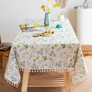YUURAINVUVU Elegant Plant Floral Cotton Linen Fabric, Stitching Tassel Rectangle Tablecloth for Kitchen | Dining | Tabletop | Decoration | Tea Party | Weddings | Farmhouse (55x70 Inches)