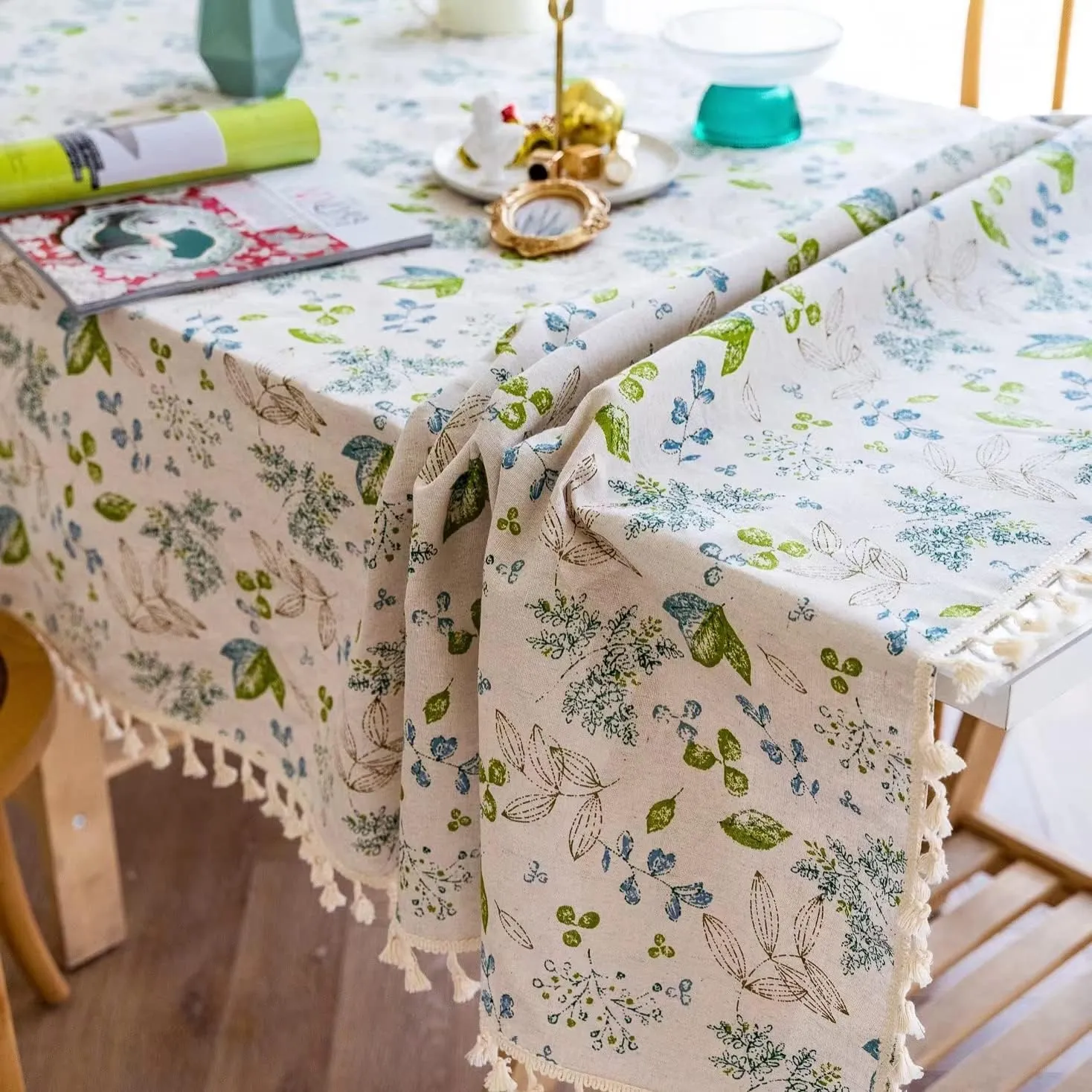 YUURAINVUVU Elegant Plant Floral Cotton Linen Fabric, Stitching Tassel Rectangle Tablecloth for Kitchen | Dining | Tabletop | Decoration | Tea Party | Weddings | Farmhouse (55x70 Inches)