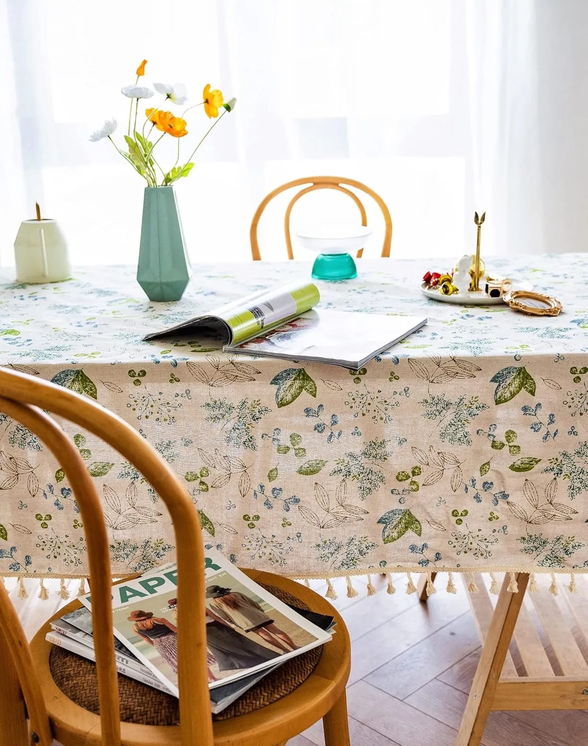 YUURAINVUVU Elegant Plant Floral Cotton Linen Fabric, Stitching Tassel Rectangle Tablecloth for Kitchen | Dining | Tabletop | Decoration | Tea Party | Weddings | Farmhouse (55x70 Inches)