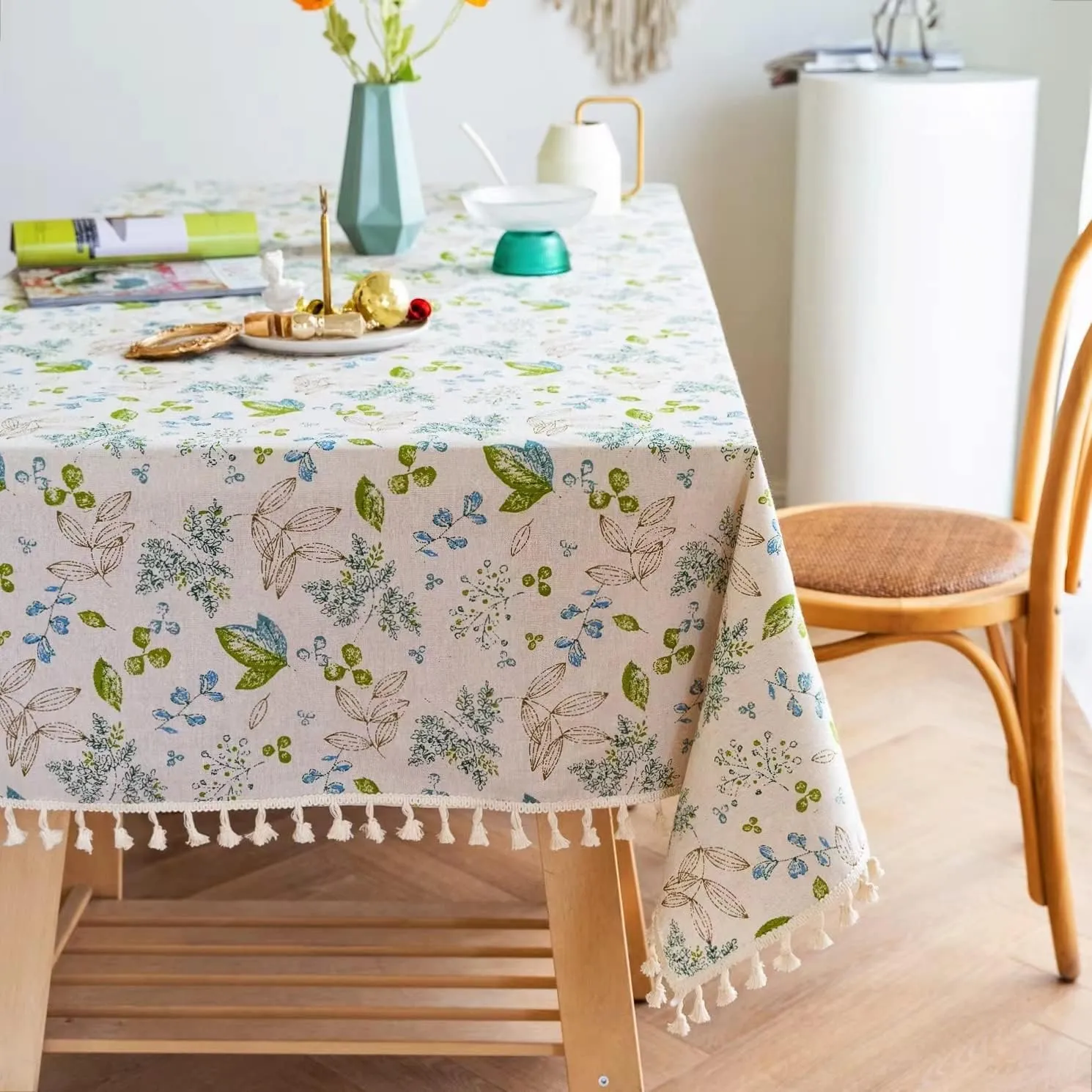 YUURAINVUVU Elegant Plant Floral Cotton Linen Fabric, Stitching Tassel Rectangle Tablecloth for Kitchen | Dining | Tabletop | Decoration | Tea Party | Weddings | Farmhouse (55x70 Inches)